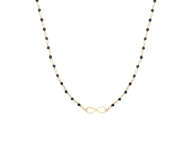 Naszyjnik srebrny pozłacany z czarnymi koralikami i symbolem nieskończoności