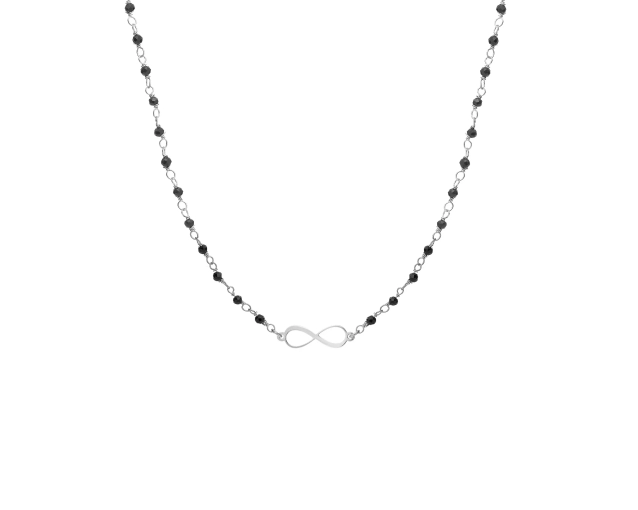 Naszyjnik srebrny z czarnymi koralikami i symbolem nieskończoności