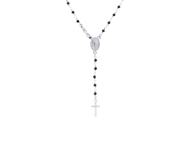 Naszyjnik srebrny różaniec z czarnymi koralikami