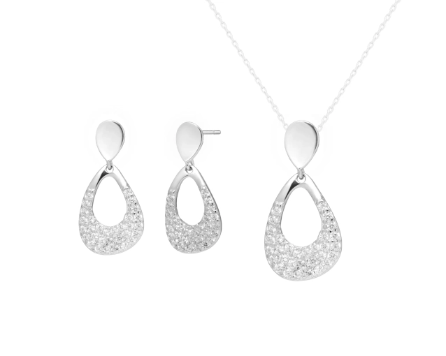 Komplet srebrny kolczyki wiszące na sztyfcie i zawieszka w kształcie kropli z białymi cyrkoniami
