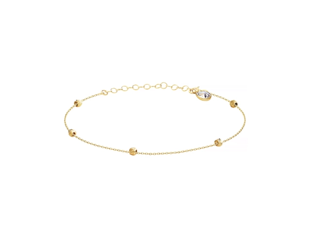 Złota dwukolorowa bransoletka łańcuszkowa z zawieszką z pojedynczą białą cyrkonią i koralikami