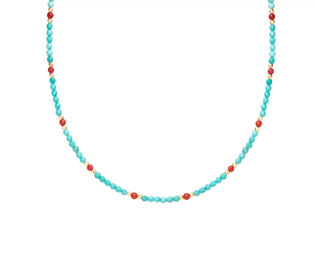 Naszyjnik srebrny z koralikami błękitnymi i czerwonymi z pozłacanymi kulkami