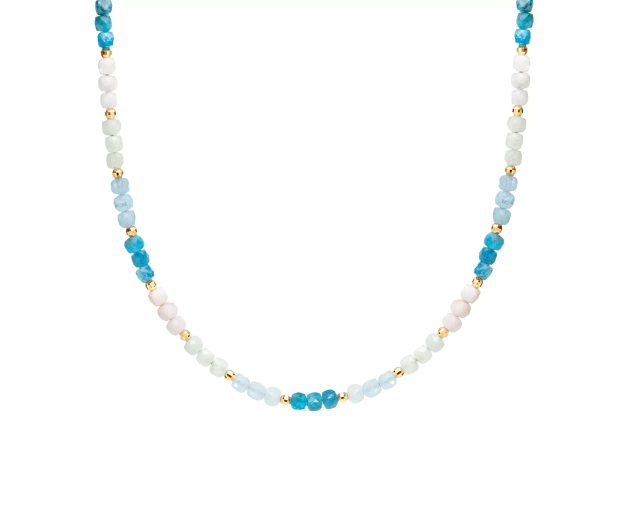 Naszyjnik srebrny z pozłacanymi kulkami i koralikami z kamienia w odcieniach błękitu i różu