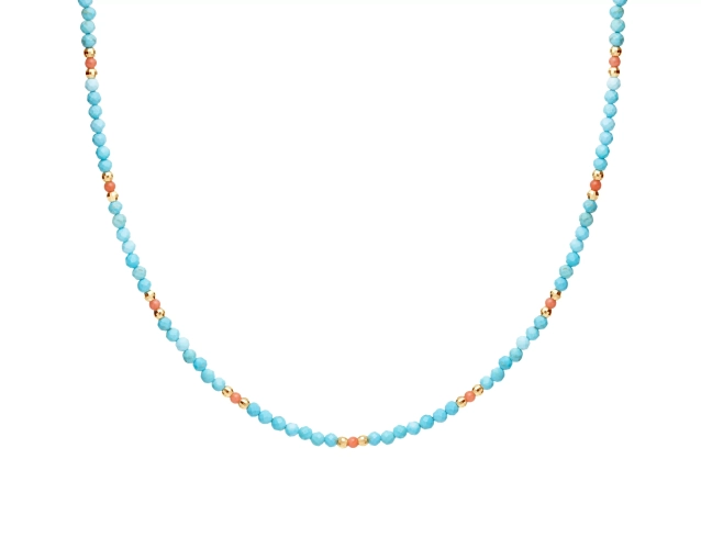 Naszyjnik srebrny z koralikami z kamienia błękitnymi i pomarańczowymi oraz pozłacanymi kuleczkami