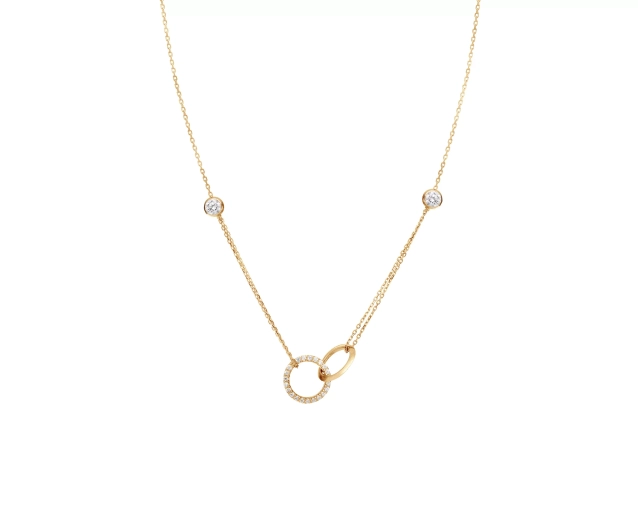 Złoty naszyjnik łańcuszkowy dwa splecione kółka, podwójny łańcuszek i przezroczysta cyrkonia w oprawie typu bezel