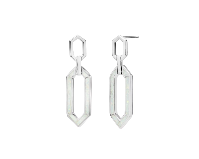 Kolczyki srebrne heksagony z białym opalem