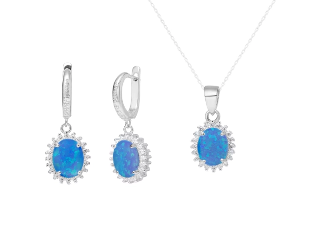 Komplet srebrny z błękitnym opalem i cyrkoniami