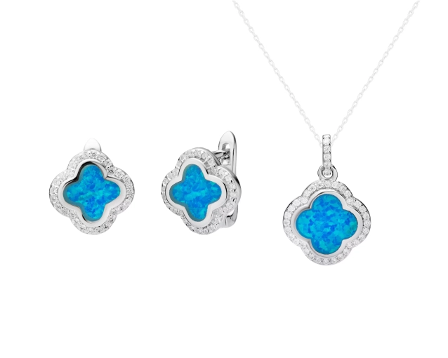 Komplet srebrny kwiatki z błękitnym opalem i cyrkoniami