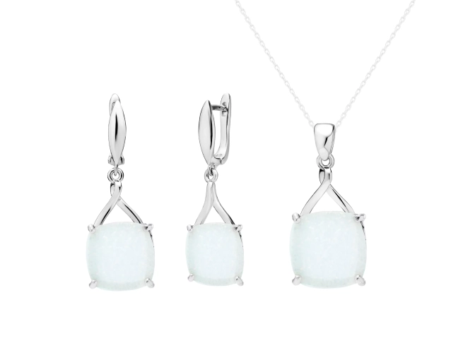 Komplet srebrny kwadrat z białym opalem