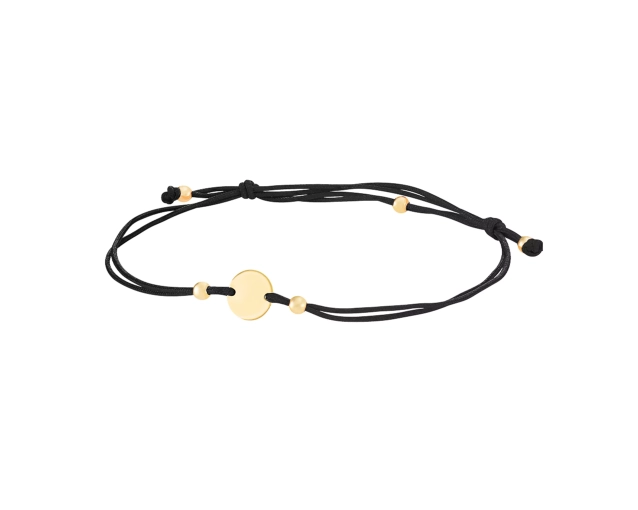 Bransoletka złota blaszka na czarnym sznurku