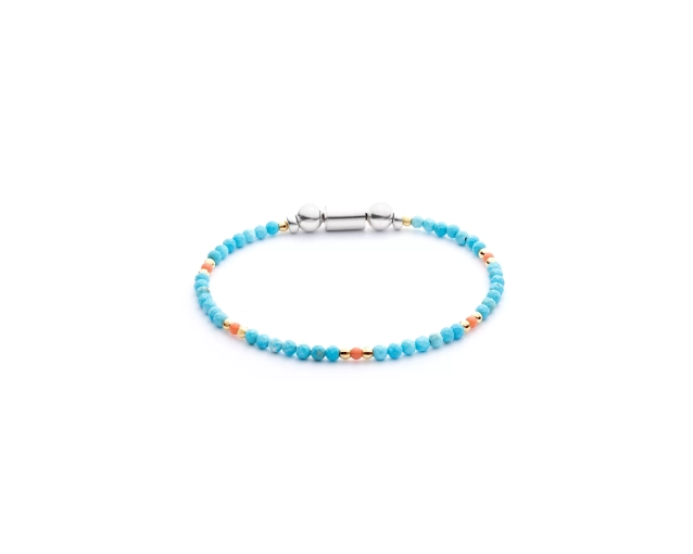 Bransoletka srebrna z pozłacanymi kuleczkami oraz koralikami z kamienia naturalnego błękitnymi i pomarańczowymi
