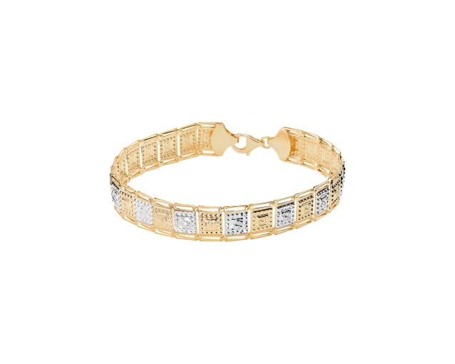 Bransoletka złota dwukolorowa segmentowa z motywem kwadratów ze zdobioną powierzchnią