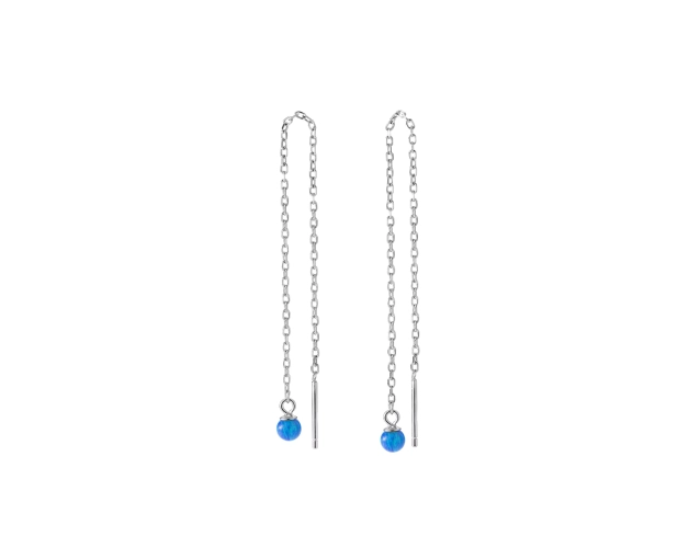 Kolczyki srebrne przeciągane z niebieskim koralikiem z opalu