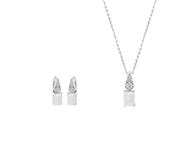 Komplet srebrny z białym opalem i cyrkoniami