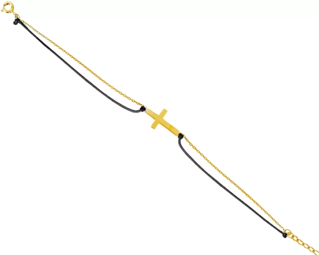 Bransoletka srebrna z krzyżykiem i czarnym sznurkiem pozłacana