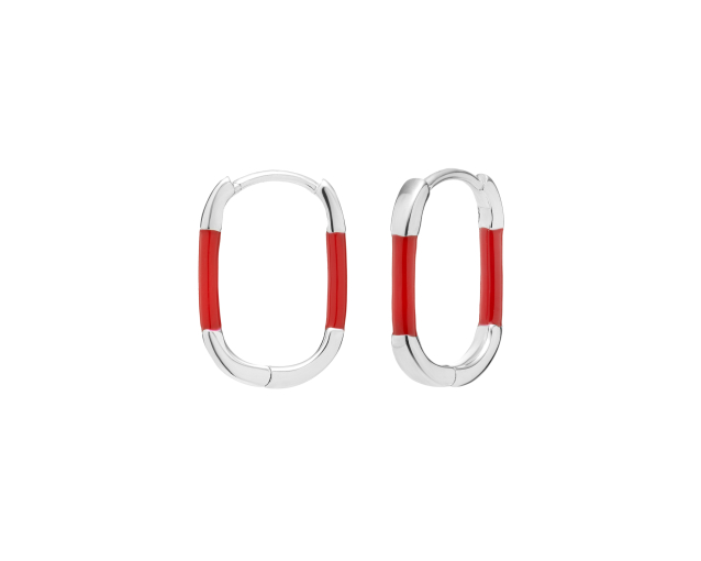 Kolczyki srebrne owalne na zatrzask z dwustronną czerwoną emalią