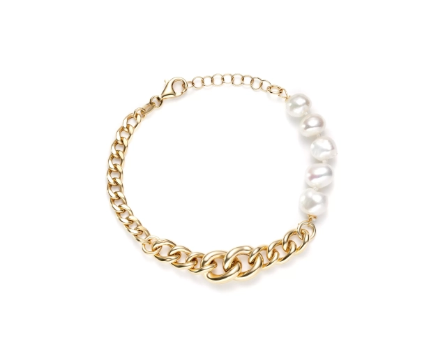 Srebrna bransoletka pozłacana z białymi perłami i grubym łańcuszkiem