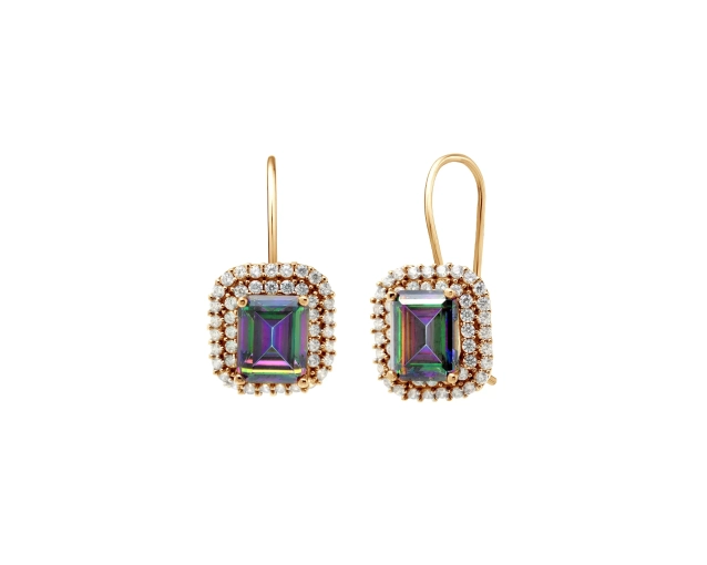 Kolczyki złote z opalizującą cyrkonią i białymi cyrkonia