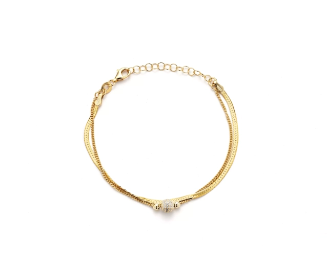 Bransoletka srebrna pozłacana podwójna z trzema kulkami