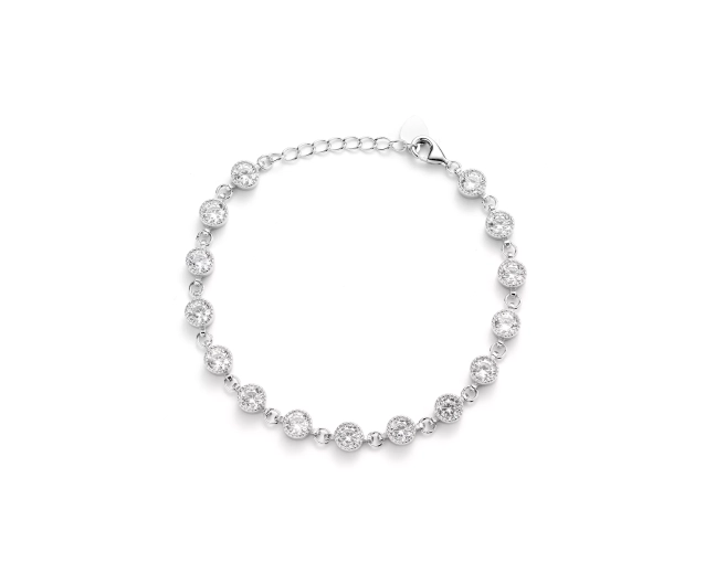 Bransoletka srebrna z okrągłymi cyrkoniami i karabińczykiem
