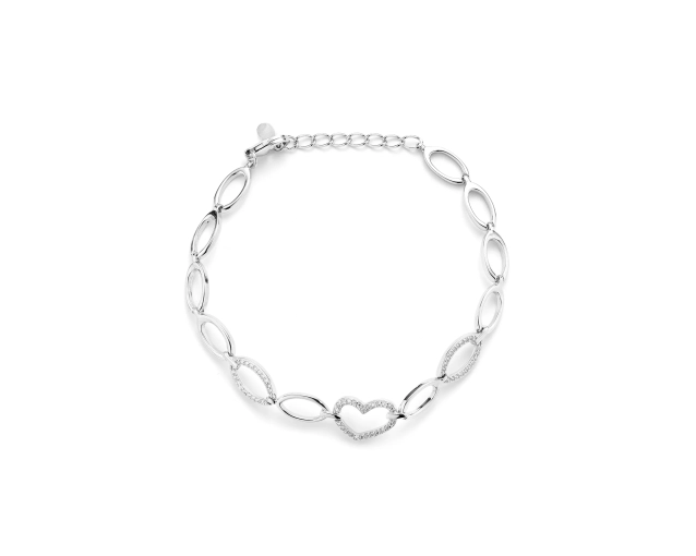 Bransoletka srebrna z serduszkiem wysadzanym białymi cyrkoniami