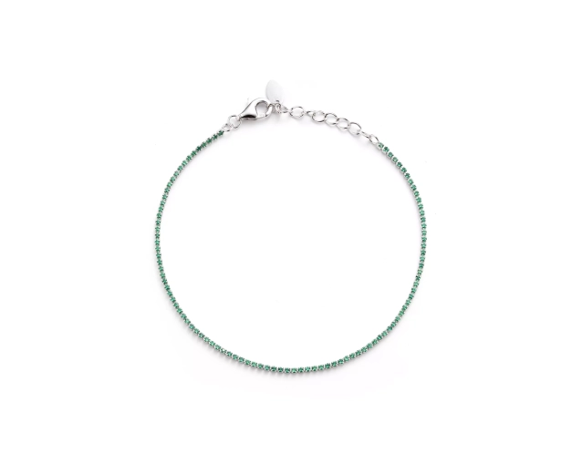 Bransoletka srebrna z zielonymi cyrkoniami i karabińczykiem