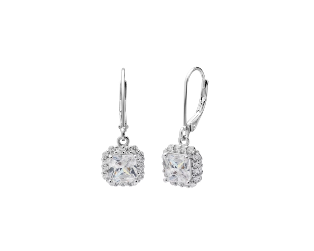 Wiszące kolczyki srebrne z kwadratową cyrkonią i małymi kamieniami