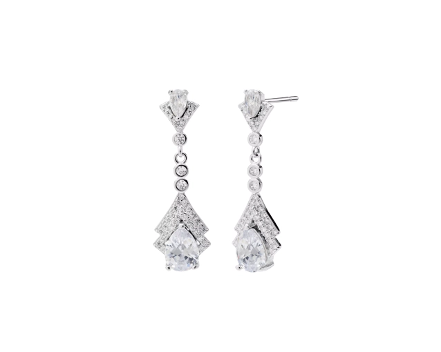 Kolczyki srebrne wiszące z dużą cyrkonią otoczoną drobnymi kamieniami