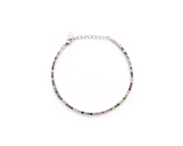 Bransoletka srebrna tenis z kolorowymi cyrkoniami i karabińczykiem