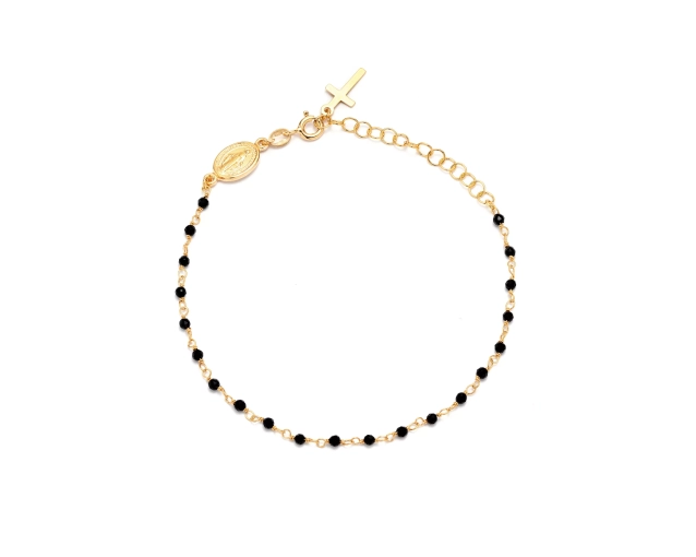 Bransoletka srebrna różaniec z czarnymi koralikami pozłacana