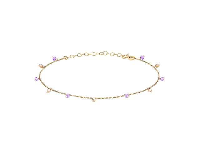 Bransoletka złota na nogę z fioletowymi cyrkoniami