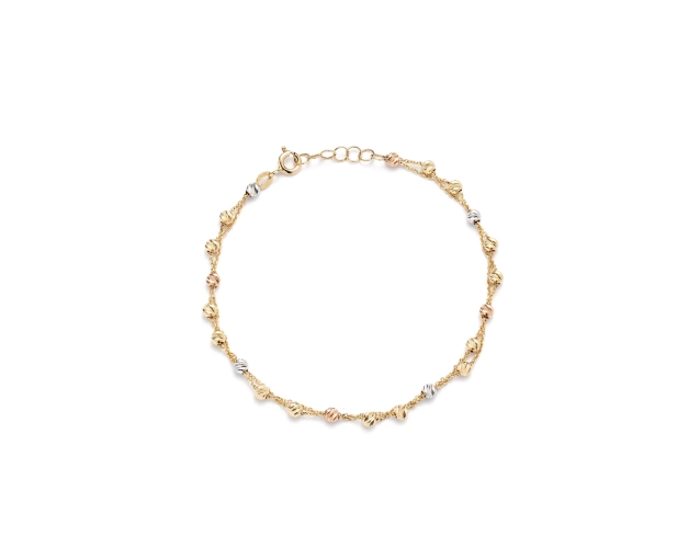 Złota bransoletka z delikatnymi kulkami, elegancja w trzech odcieniach złota, subtelność i styl.