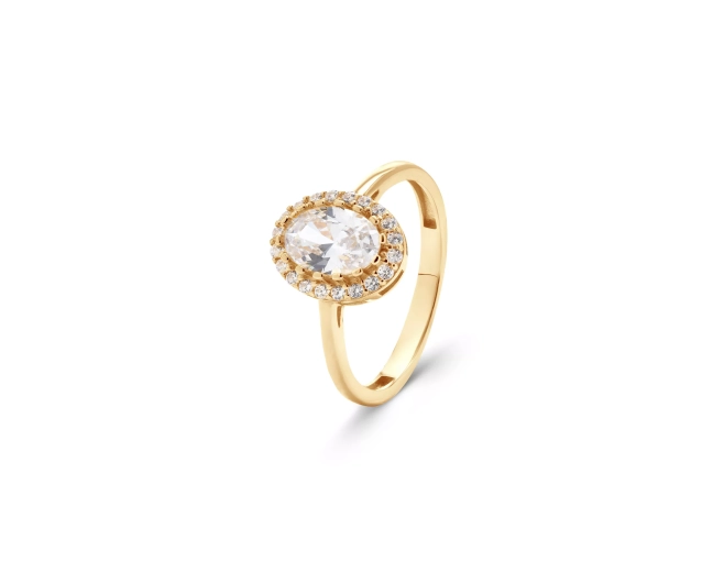 Srebrny pozłacany pierścionek z owalną cyrkonią