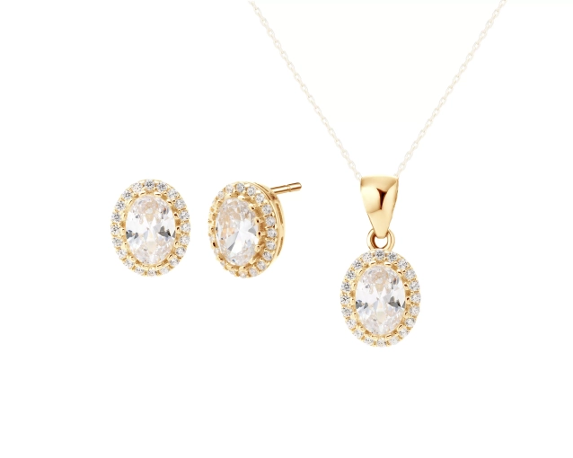 Srebrny pozłacany komplet z owalną cyrkonią