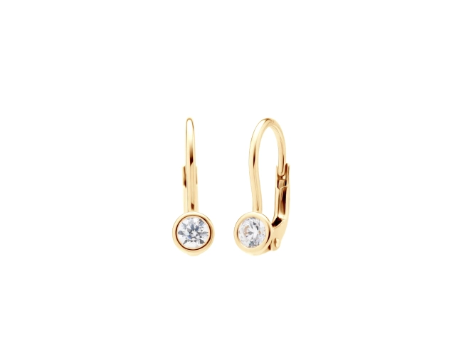 Złote kolczyki z pojedynczą cyrkonią, elegancka prostota, złoto próby 585.