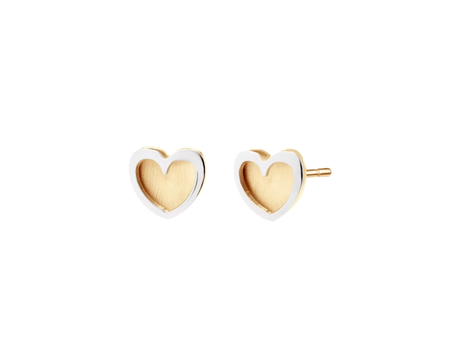 Złote kolczyki serduszka, dwukolorowe wykończenie, subtelna elegancja, złoto i srebro.