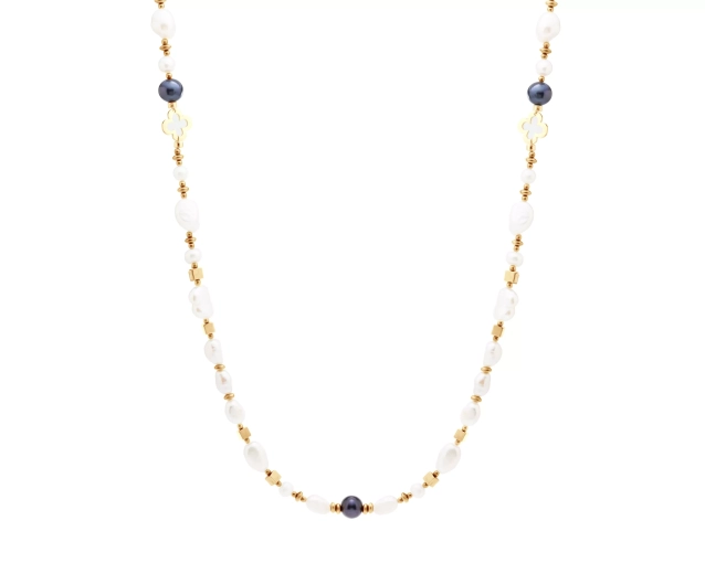 Długi stalowy naszyjnik z perłami i koniczynkami