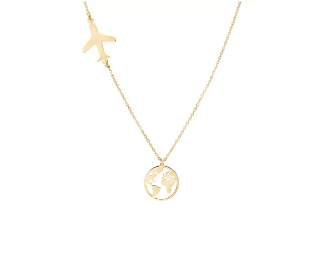 Srebrny pozłacany naszyjnik z motywem globusa i samolotu