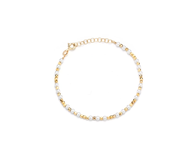 Bransoletka srebrna pozłacana z kulkami i białymi perełkami