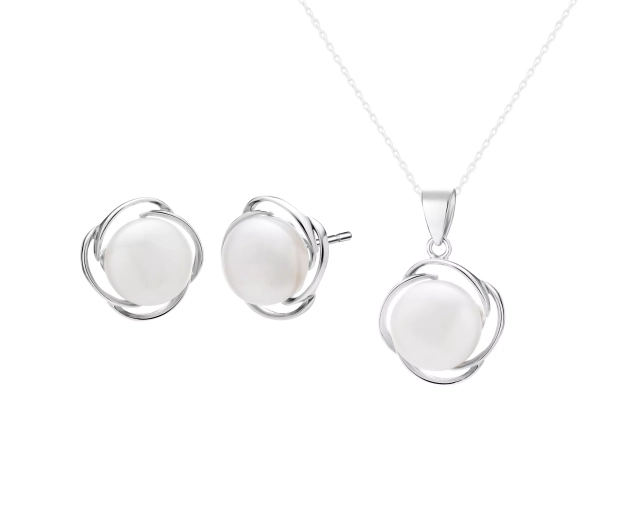 Srebrny komplet z białymi perłami