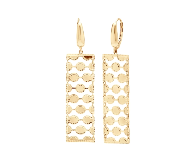 Złote wiszące kolczyki z prostokątnym kształtem i kółkami, abstrakcyjne