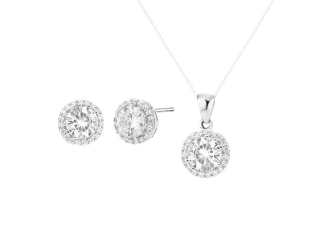 Srebrny komplet biżuterii z dużą cyrkonią, elegancki