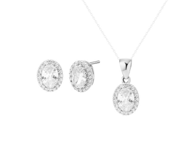 Srebrny komplet z owalną cyrkonią, zawieszka i kolczyki
