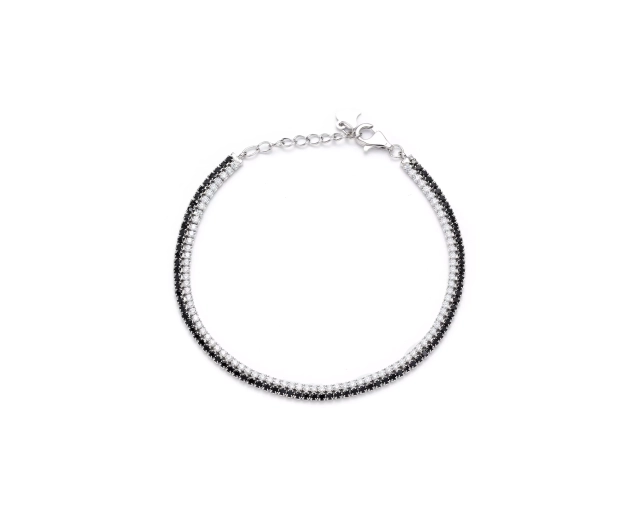 Srebrna bransoletka tenis z białymi i czarnymi cyrkoniami
