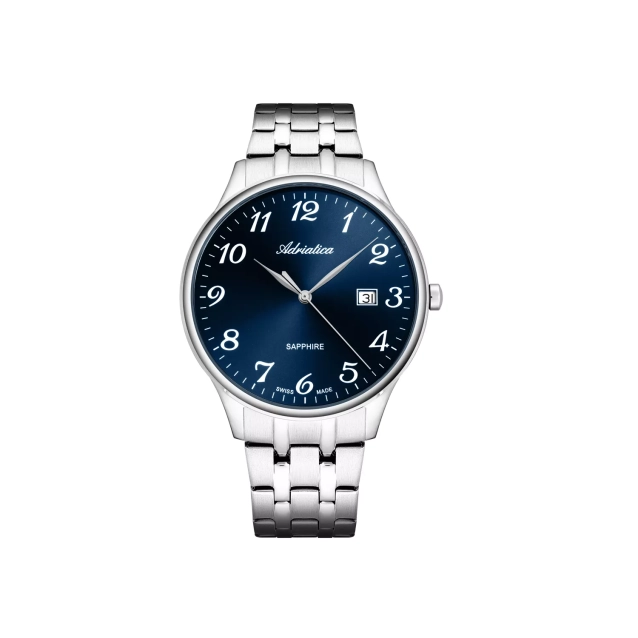 Zegarek męski Adriatica srebrny z niebieską tarczą i szafirowym szkłem