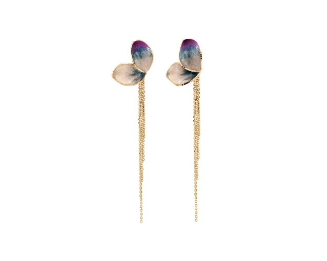 Kolczyki złote z emalią i łańcuszkami