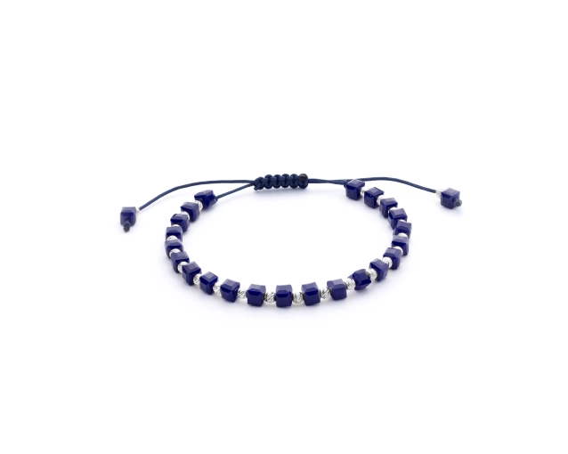 Bransoletka srebrna sznurkowa z granatowymi koralikami