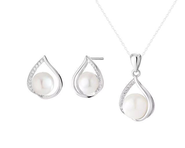 Komplet srebrny z perłą i cyrkoniami