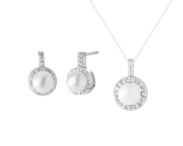 Komplet srebrny z perłą i cyrkoniami