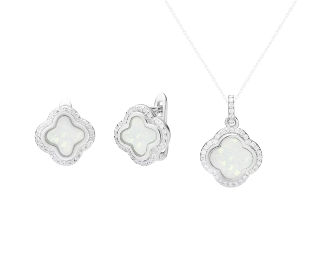 Komplet srebrny kwiatki z białym opalem i cyrkoniami